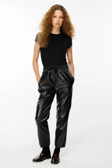 Dikiş Detaylı Deri Pantolon - Siyah