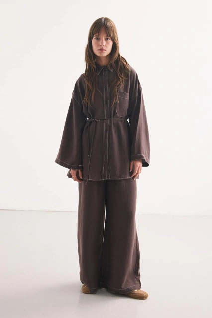 Dikiş Detaylı Rahat Kahve Pantolon Takım