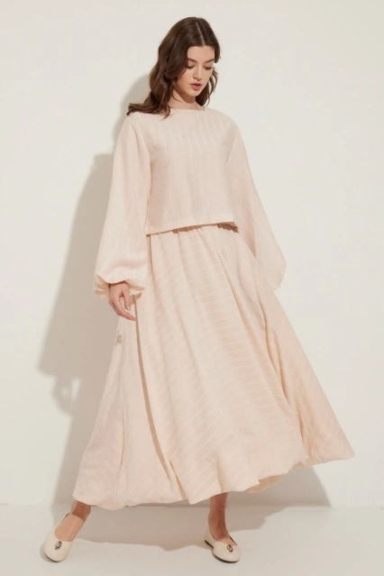 Dokulu Balon Kol Etek Takım - Bej