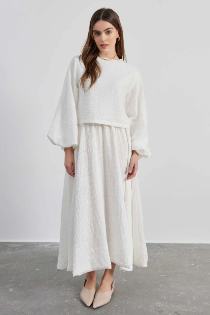 Dokulu Balon Kol Etek Takım - Beyaz