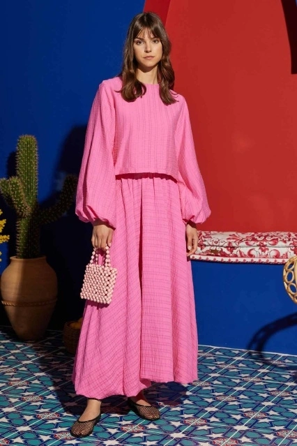 Dokulu Balon Kol Etek Takım - Pembe