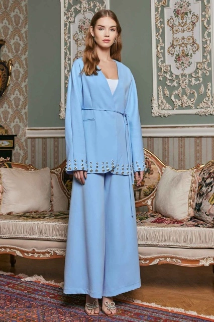 Dökümlü İspanyol Gök Mavi Pantolon