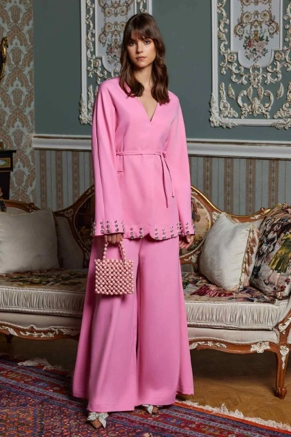 Dökümlü İspanyol Pembe Pantolon