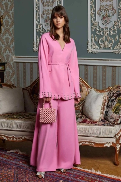 Dökümlü İspanyol Pembe Pantolon