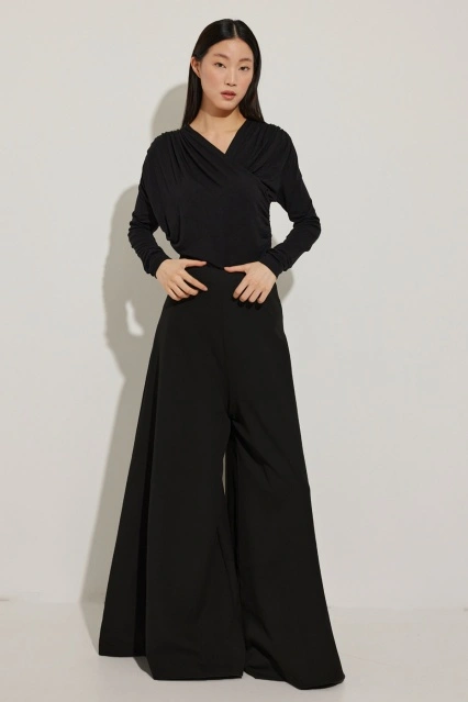 Dökümlü İspanyol Siyah Pantolon