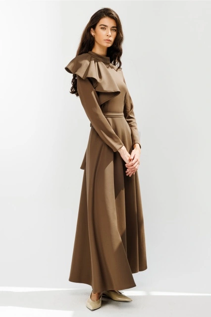 Drapeli Scuba Kahve Elbise