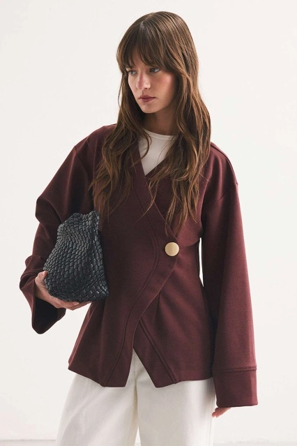 Düğme Detaylı Vişne Kimono Bluz