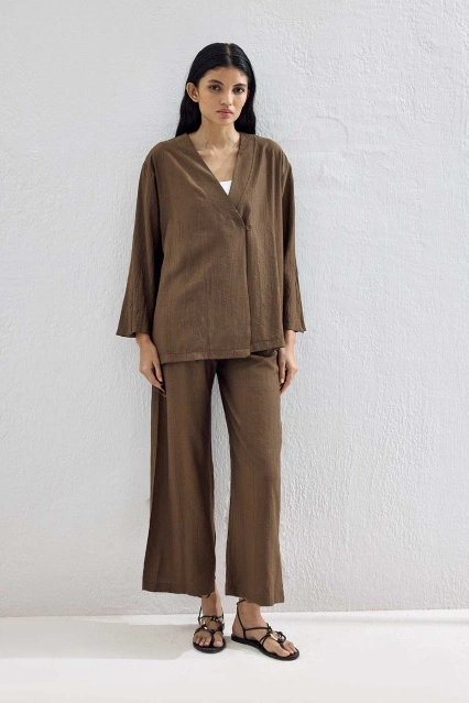 Düğmeli Premium Kimono Kahve Pantolon Takım