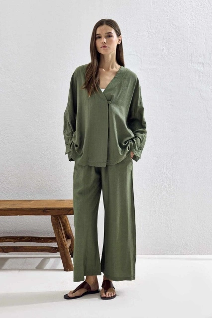 Düğmeli Premium Kimono Koyu Haki Pantolon Takım