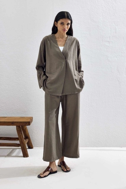 Düğmeli Premium Kimono Koyu Vizon Pantolon Takım