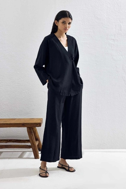 Düğmeli Premium Kimono Siyah Pantolon Takım