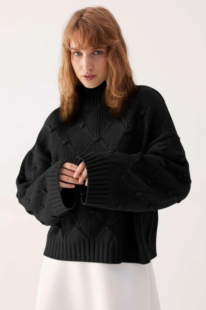 El Örgü Ponpon Kazak - Siyah