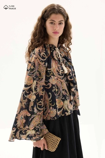 Etnik Desen Pamuk Vual Siyah Bluz
