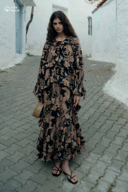 Etnik Desen Pamuk Vual Siyah Elbise