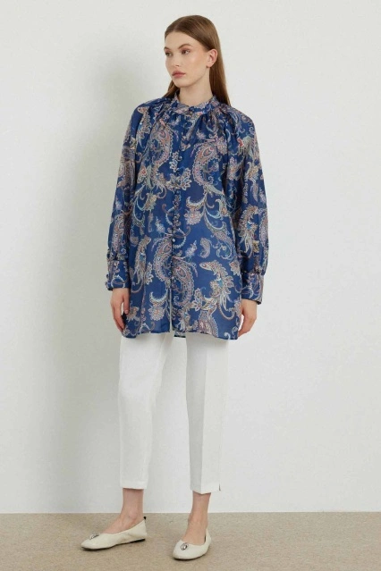 Etnik Desenli Gömlek - Mavi