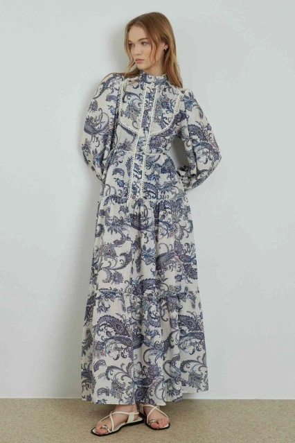 Etnik Desenli Keten Mavi Elbise