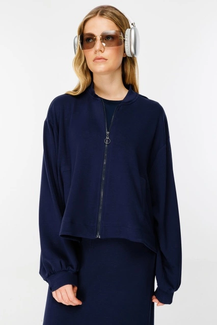 Fermuar Detaylı Bomber Lacivert Ceket