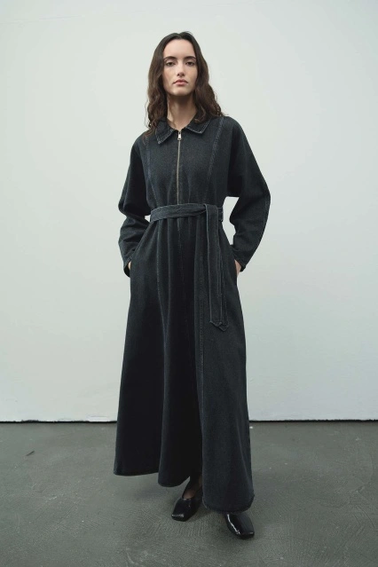 Fermuar Detaylı Denim Antrasit Elbise