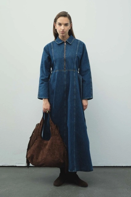 Fermuar Detaylı Denim Kot Mavi Elbise