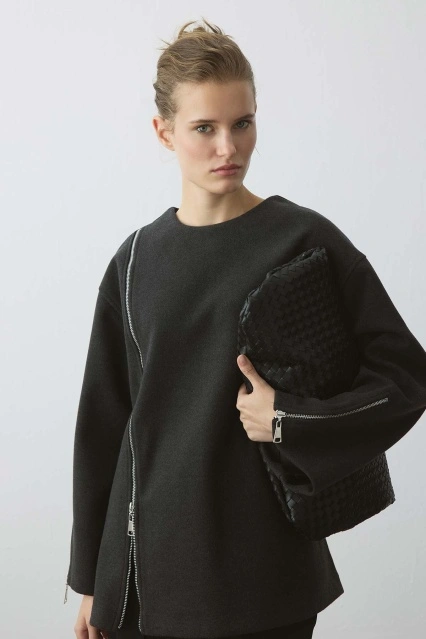 Fermuar Detaylı Kaşe Antrasit Sweatshirt