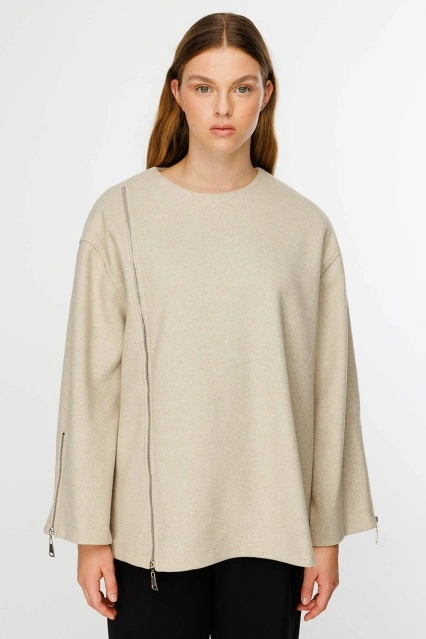 Fermuar Detaylı Kaşe Bej Sweatshirt