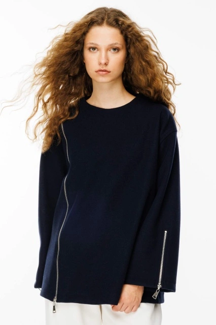 Fermuar Detaylı Kaşe Lacivert Sweatshirt