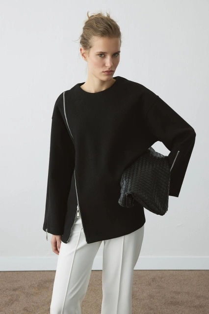 Fermuar Detaylı Kaşe Siyah Sweatshirt