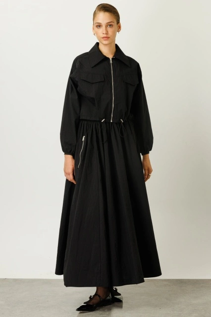 Fermuar Detaylı Siyah Paraşüt Takım