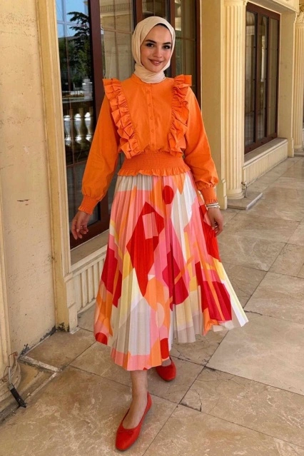 Fırfır Detaylı Gipeli Oranj Gömlek