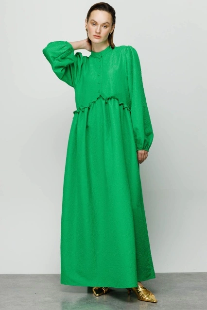 Fırfır Detaylı Yakalı Benetton Yeşili Elbise