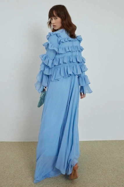 Fırfır Şifon Mavi Elbise Fırfır Şifon Mavi Elbise