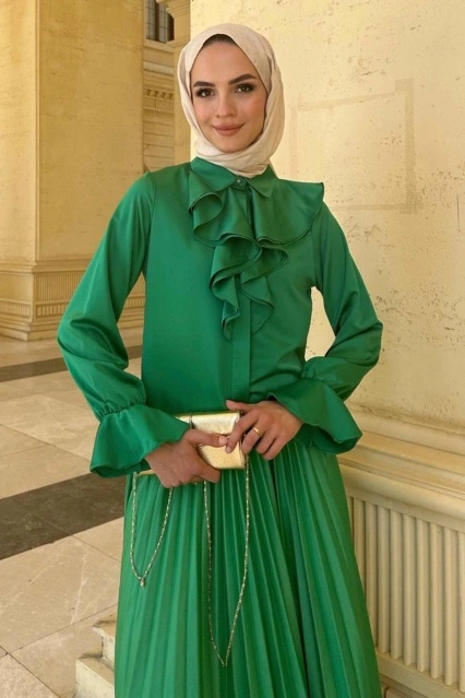 Fırfırlı Saten Benetton Yeşili Gömlek