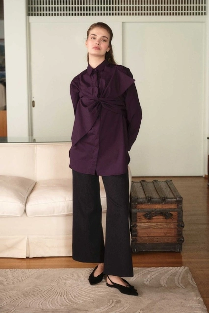 Fiyonk Detaylı Mürdüm Gömlek Fiyonk Detaylı Mürdüm Gömlek