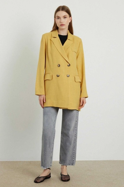 Flamlı Keten Hardal Ceket