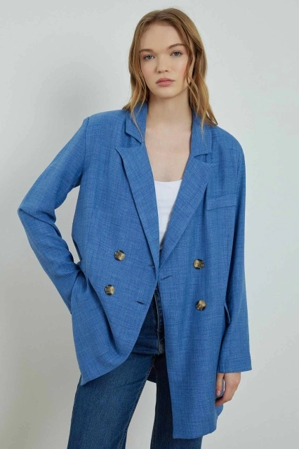 Flamlı Keten İndigo Ceket