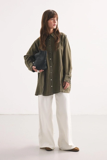 Gardenya Çift Dikiş Detaylı Haki Gömlek