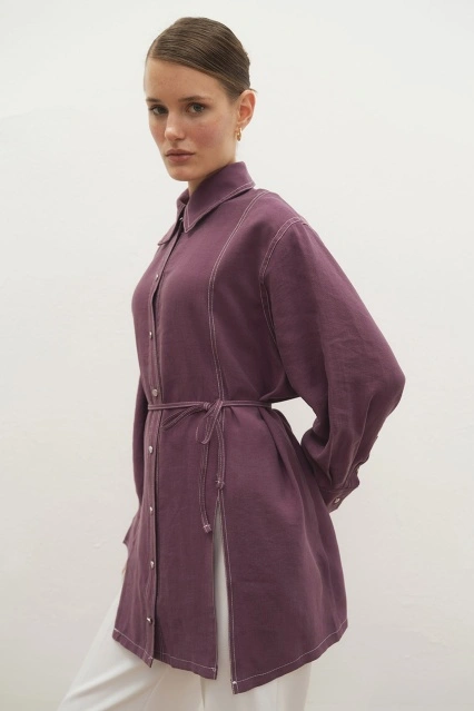 Gardenya Çift Dikiş Detaylı Mürdüm Gömlek