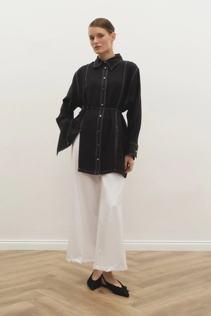 Gardenya Çift Dikiş Detaylı Siyah Gömlek