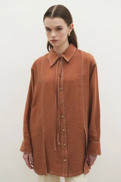 Gardenya Çift Dikiş Detaylı Tarçın Gömlek