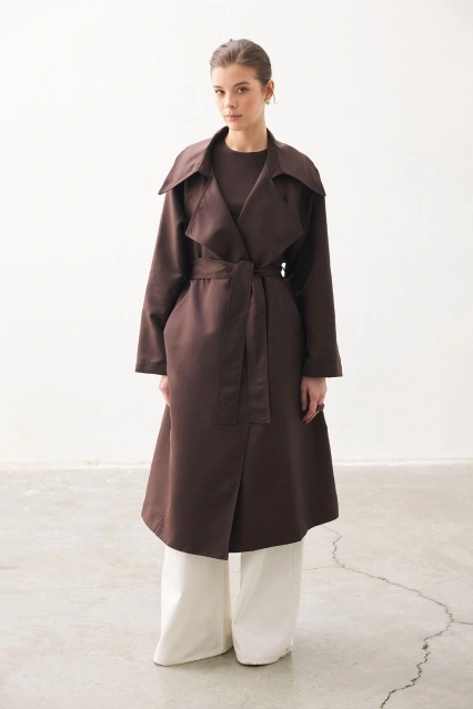 Geniş Yaka Acı Kahve Trençkot