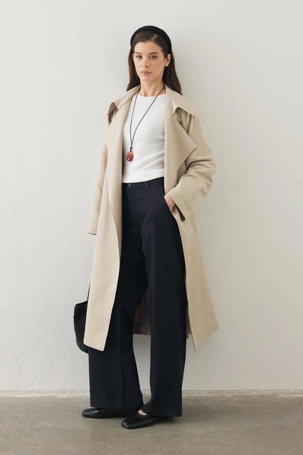 Geniş Yaka Taş Trençkot