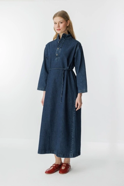 Gina Yaka Detaylı Lacivert Denim Elbise