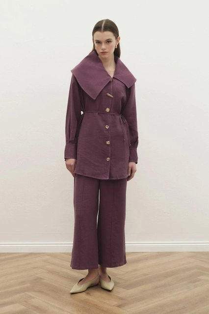 Gold Aksesuarlı Lilyum Mürdüm Ceket Takım