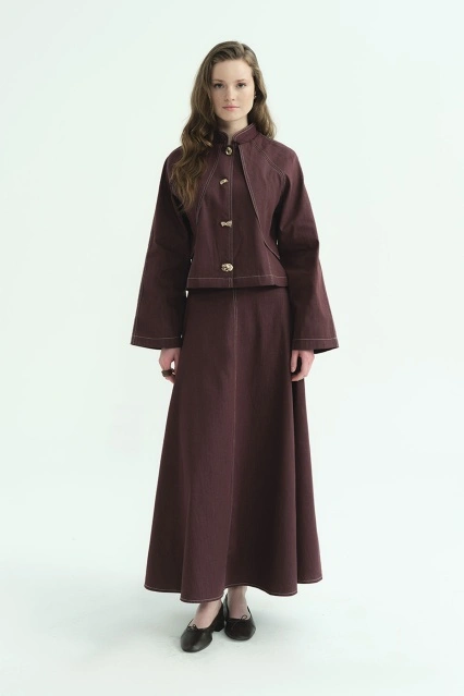 Gold Düğme Detaylı Denim Burganya Etekli Takım