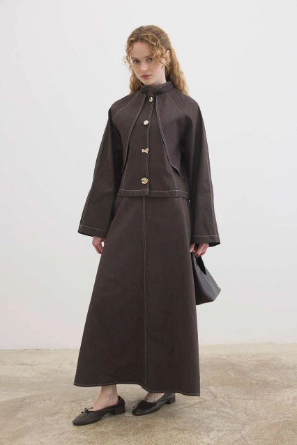 Gold Düğme Detaylı Denim Kahverengi Etekli Takım