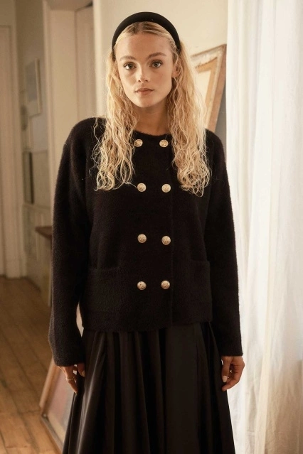 Gold Düğme Detaylı Tüylü Siyah Hırka Gold Düğme Detaylı Tüylü Siyah Hırka