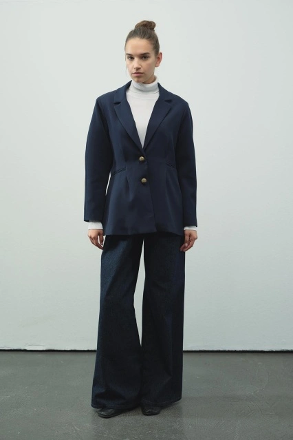 Gold Düğmeli Blazer Lacivert Ceket