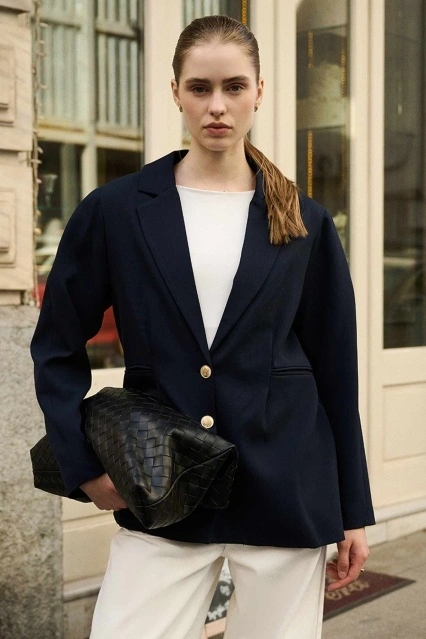 Gold Düğmeli Blazer Lacivert Ceket