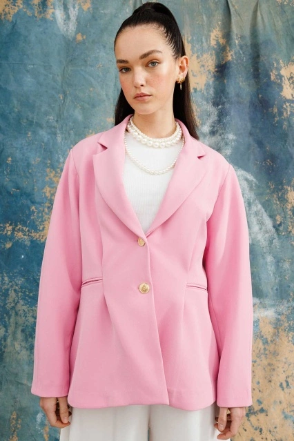 Gold Düğmeli Blazer Pembe Ceket
