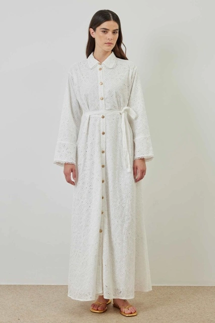 Gold Düğmeli Brode Beyaz Elbise